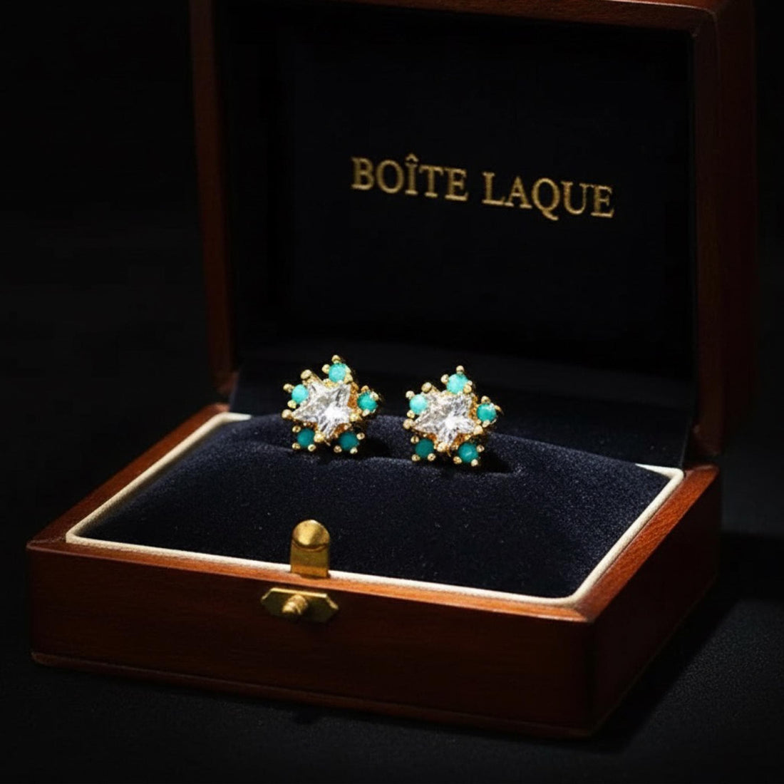 10K Solid Gold Diamond Star Stud Earrings with Chrysocolla | Celestial Star Earrings | Tiny Gold Studs | Minimalist Fine Jewelry Gift