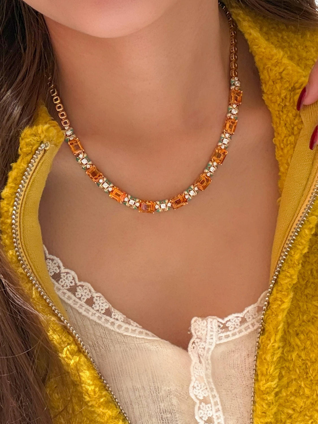 French Vintage Inspired Citrine Necklace with White Topaz & Blue Enamel | Limited Edition Statement Necklace, Collector Jewelry Gift