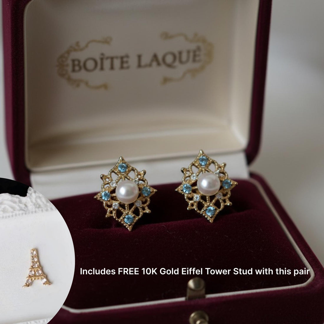 10K Solid Gold Pearl Stud Earrings, Blue Sapphire & Diamond Accent, French Filigree Lattice, Tiny Luxury Everyday Earrings Gift