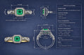 May include: Detailed technical drawing of a US size 5 emerald-cut ring. The ring features a natural Colombian emerald center stone, surrounded by halo and accent diamonds, set in 18K yellow gold. Measurements are provided in millimeters and inches.