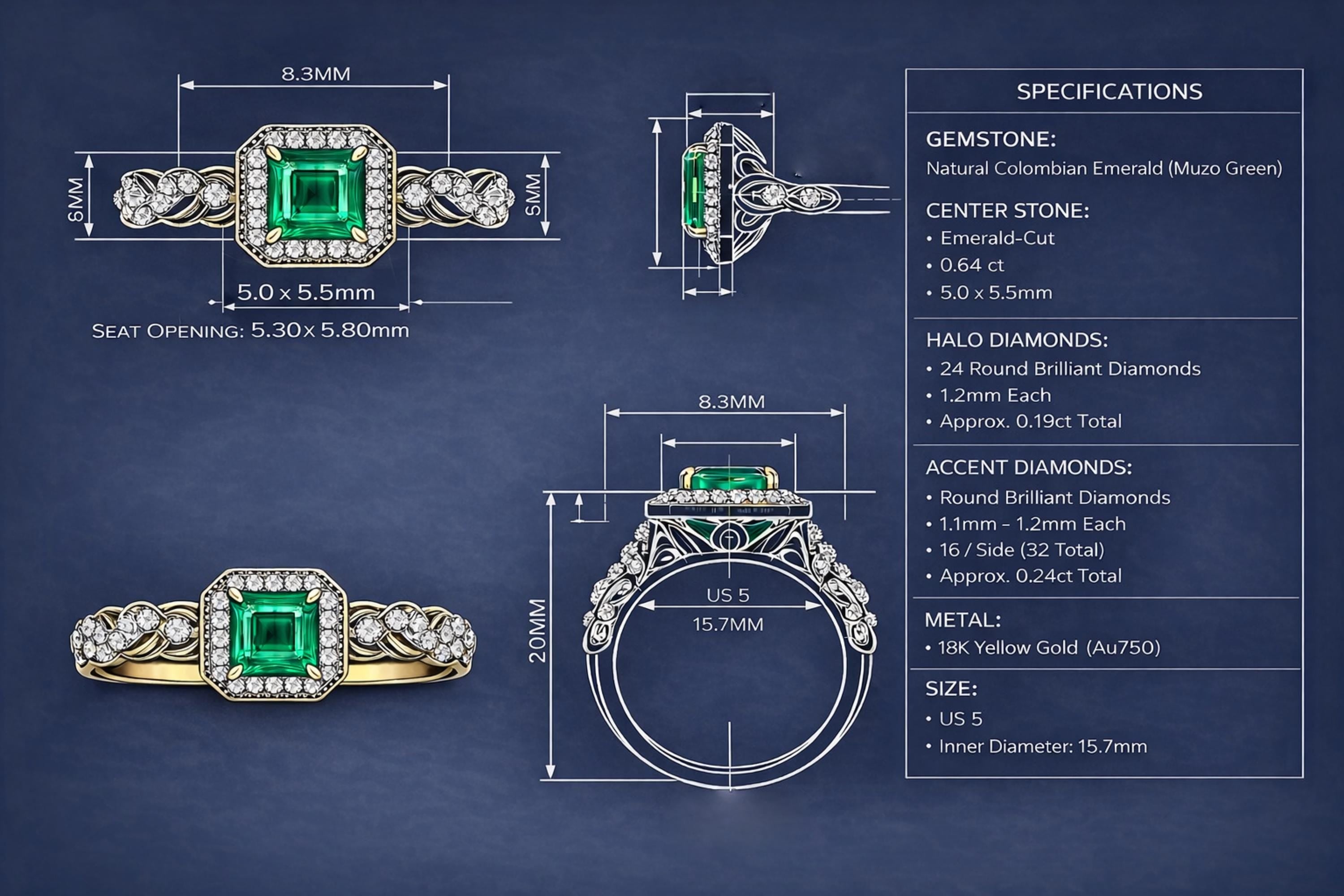 May include: Detailed technical drawing of a US size 5 emerald-cut ring. The ring features a natural Colombian emerald center stone, surrounded by halo and accent diamonds, set in 18K yellow gold. Measurements are provided in millimeters and inches.