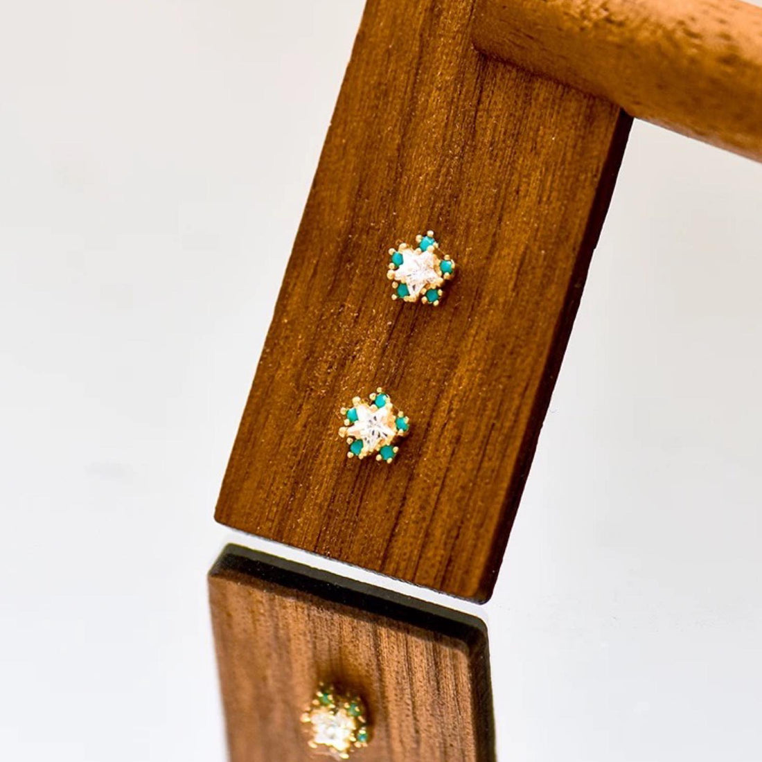 10K Solid Gold Diamond Star Stud Earrings with Chrysocolla | Celestial Star Earrings | Tiny Gold Studs | Minimalist Fine Jewelry Gift