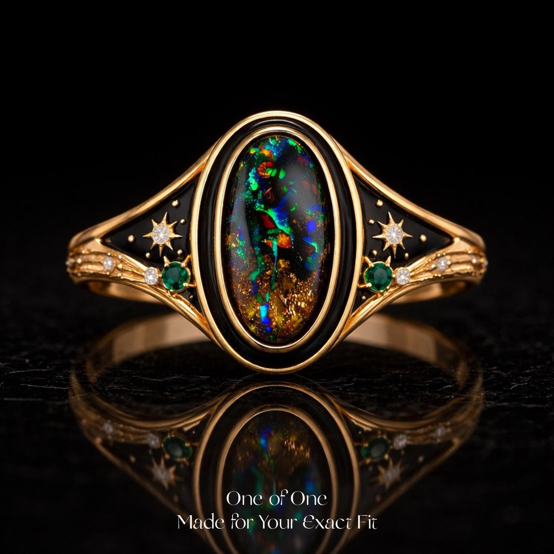 Australian Black Opal Ring 18K Gold | One of One Opal Ring | Celestial Diamond Ring | Custom Fine Jewelry | Made to Order Luxury Ring