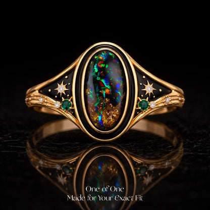 Australian Black Opal Ring 18K Gold | One of One Opal Ring | Celestial Diamond Ring | Custom Fine Jewelry | Made to Order Luxury Ring