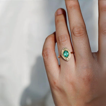 14K Solid Gold Natural Zambian Emerald Ring,  0.63ct Oval Emerald, One of a Kind Fine Jewelry Ring, Sculptural Everyday Luxury