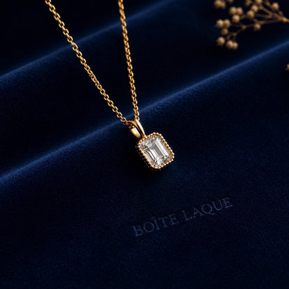 Dainty 9K 14K Solid Gold Emerald Cut Diamond Pendant | 1 Carat Diamond Charm | Vintage frame Necklace | Minimal Fine Jewelry Gift for Her