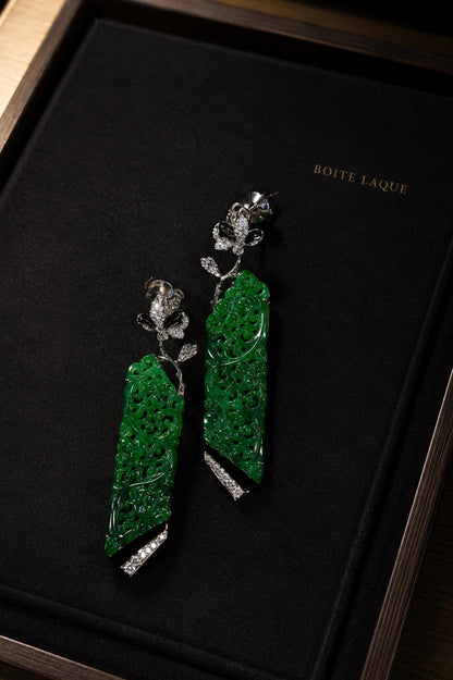 One of a Kind Jadeite Jade Earrings in 18K Solid White Gold | Art Deco Style Fine Jewelry | Inspired by 1995 Auction House Jewelry