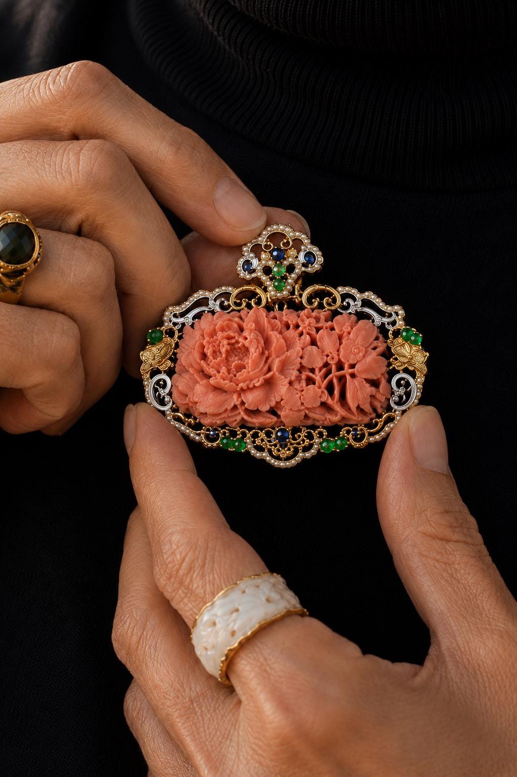 One of a Kind Coral Necklace in 18K Solid Gold | Hand Carved Coral Peony Pendant | Jade Sapphire Pearl Necklace | Heirloom Fine Jewelry