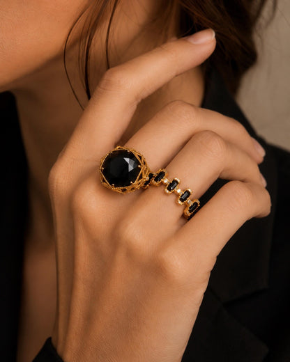 18K Solid Gold Black Obsidian and Diamonds Ring | Unique Black Gemstone Statement Ring | Luxury Jewelry, statement Ring, Cocktail Ring