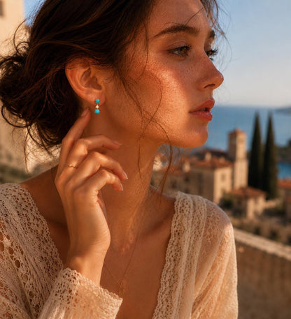 10K Solid Gold Turquoise Diamond Earrings | Dainty Turquoise Drop Studs | French Riviera Summer Jewelry | Fine Gold Earrings, Gift for her