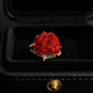 Japanese Aka Coral Peony Ring in Solid 18K Gold | Natural Red Coral Flower Ring | Diamond & Emerald Accent Statement Ring