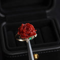 Japanese Aka Coral Peony Ring in Solid 18K Gold | Natural Red Coral Flower Ring | Diamond & Emerald Accent Statement Ring