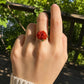Japanese Aka Coral Peony Ring in Solid 18K Gold | Natural Red Coral Flower Ring | Diamond & Emerald Accent Statement Ring