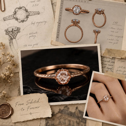 Custom Diamond Engagement Ring in 18K Rose Gold | Rose Cut Diamond Ring | Romantic Proposal Ring | Heirloom Inspired Design