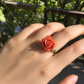 Natural Momo Coral Rose Ring in Solid 18K Gold | Hand Carved Coral Flower Ring with Emerald Accents | One of a Kind Fine Jewelry