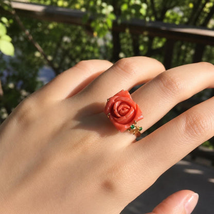 Natural Momo Coral Rose Ring in Solid 18K Gold | Hand Carved Coral Flower Ring with Emerald Accents | One of a Kind Fine Jewelry