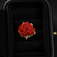Japanese Aka Coral Peony Ring in Solid 18K Gold | Natural Red Coral Flower Ring | Diamond & Emerald Accent Statement Ring