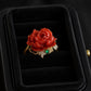 Japanese Aka Coral Peony Ring in Solid 18K Gold | Natural Red Coral Flower Ring | Diamond & Emerald Accent Statement Ring