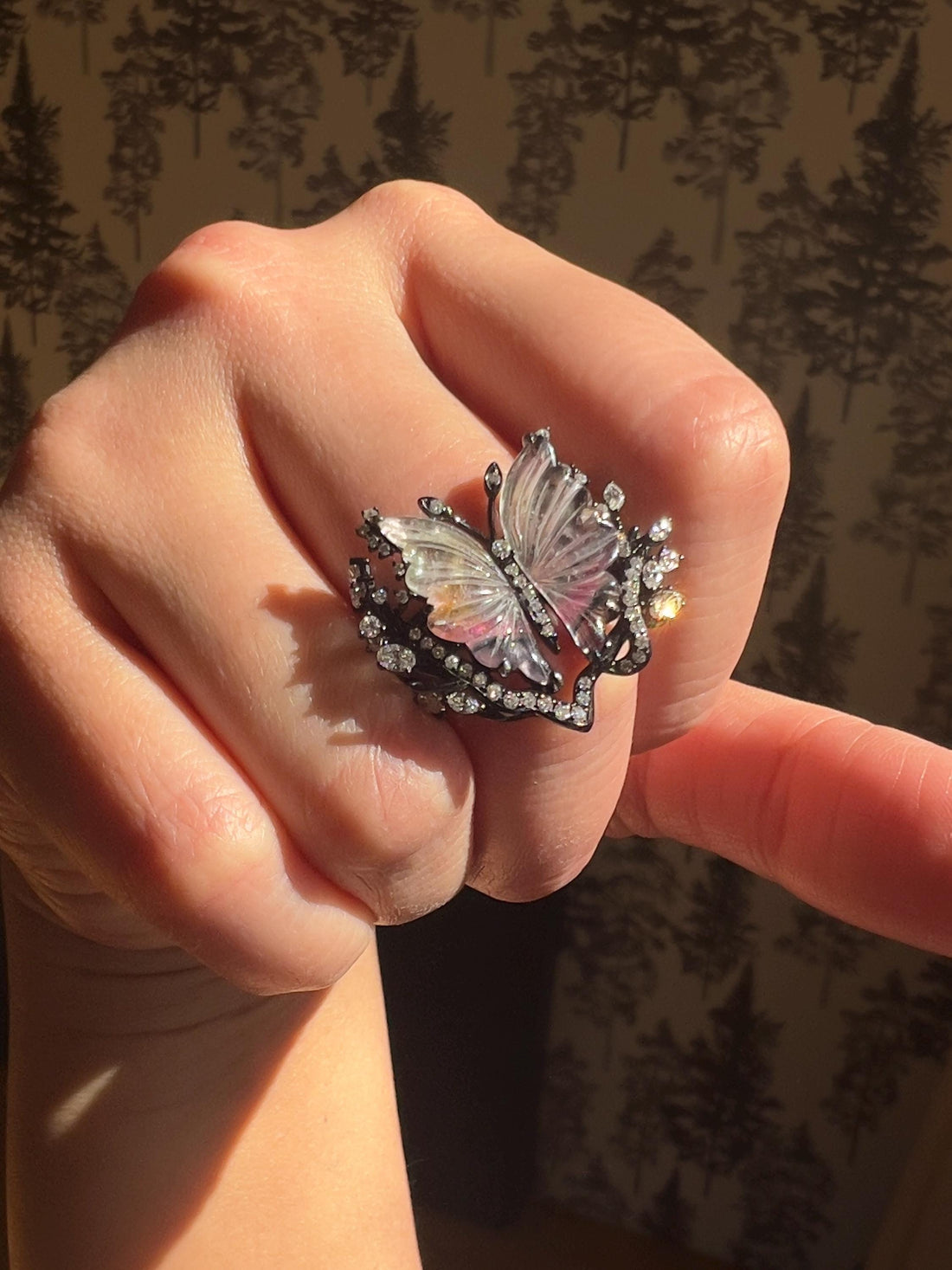 One of a Kind Hand-Carved Tourmaline Butterfly Diamond Ring