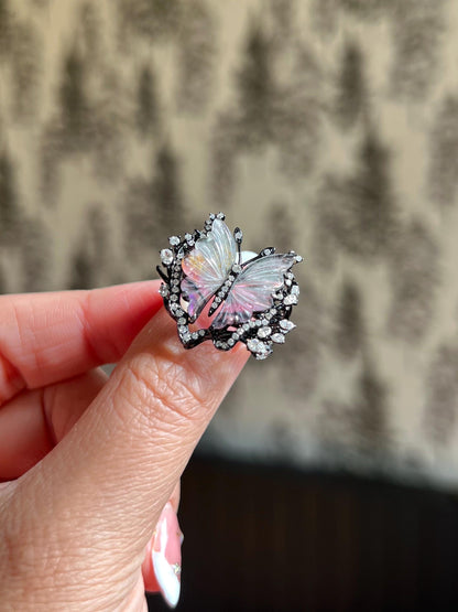 One of a Kind Hand-Carved Tourmaline Butterfly Diamond Ring