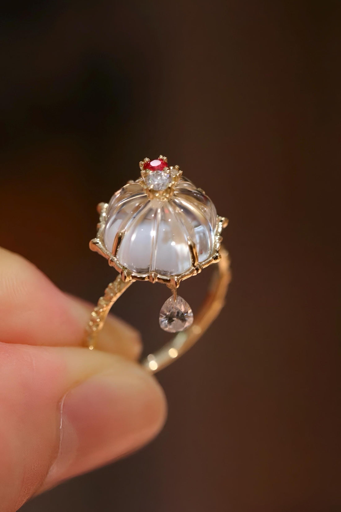 9K Solid Gold Crystal Quartz Ring, Natural Red Spinel Diamond Ring, French Pastry Inspired Fine Jewelry, Luxury Statement Ring, Cerise Crist