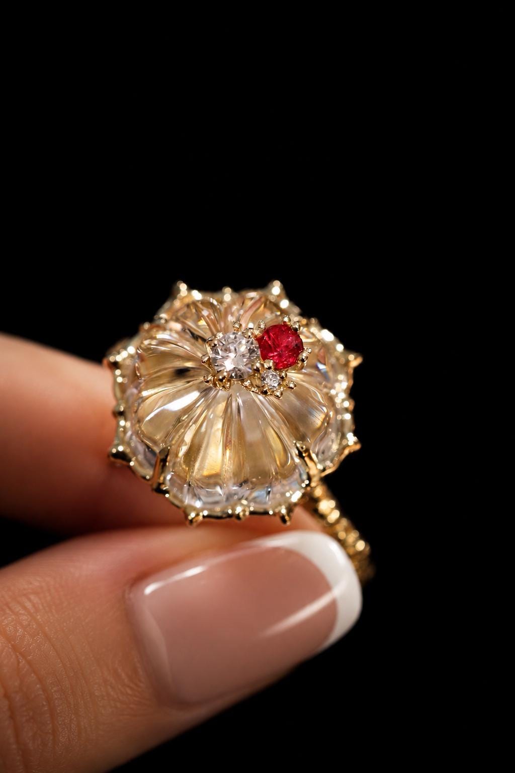 9K Solid Gold Crystal Quartz Ring, Natural Red Spinel Diamond Ring, French Pastry Inspired Fine Jewelry, Luxury Statement Ring, Cerise Crist