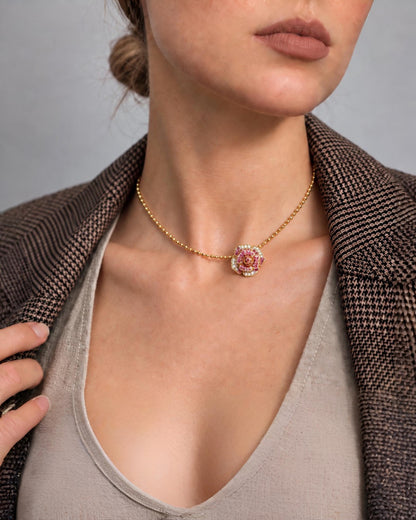 18K Solid Gold Natural Pink Sapphire Camellia Jewelry, Diamond Flower Pendant Necklace, Earrings or Ring, Fine Jewelry Gift