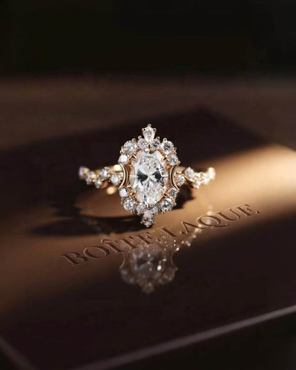 18K Solid Gold Oval Diamond Engagement Ring, Floral Halo Ring, Lab Grown Diamond with Certificate • Promise Ring Gift , Customization 1.5 ct