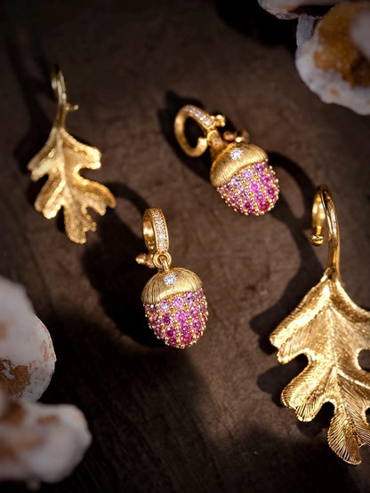 18K Solid Gold Pink Sapphire Acorn Pendant, Natural Diamond Acorn Charm, Opening Bail Fine Jewelry Necklace, Luxury Gift for Her