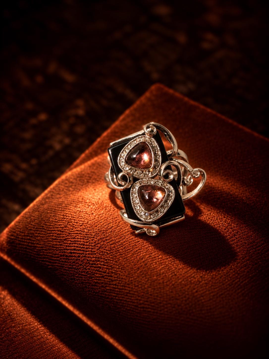 Natural Rubellite Tourmaline Ring, 5.8ct Brazilian Tourmaline, Black Onyx & White Sapphire, One of a Kind Statement Ring