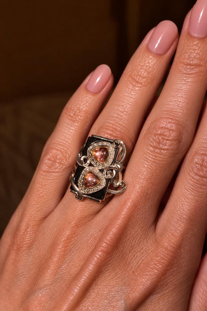 Natural Rubellite Tourmaline Ring, 5.8ct Brazilian Tourmaline, Black Onyx & White Sapphire, One of a Kind Statement Ring