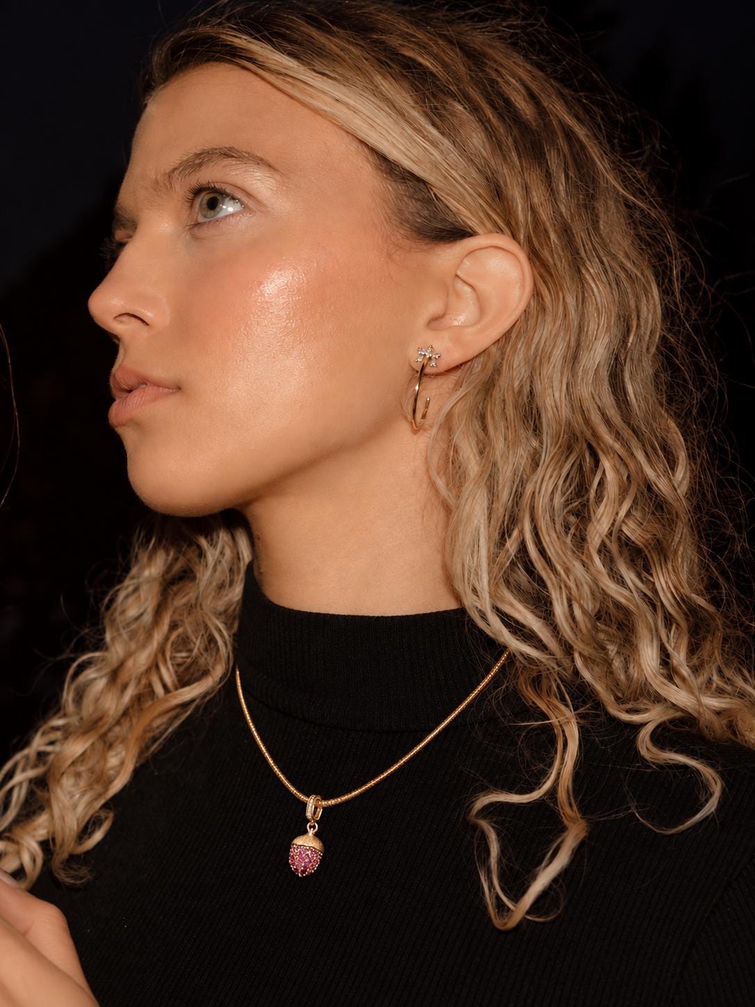 18K Solid Gold Pink Sapphire Acorn Pendant, Natural Diamond Acorn Charm, Opening Bail Fine Jewelry Necklace, Luxury Gift for Her