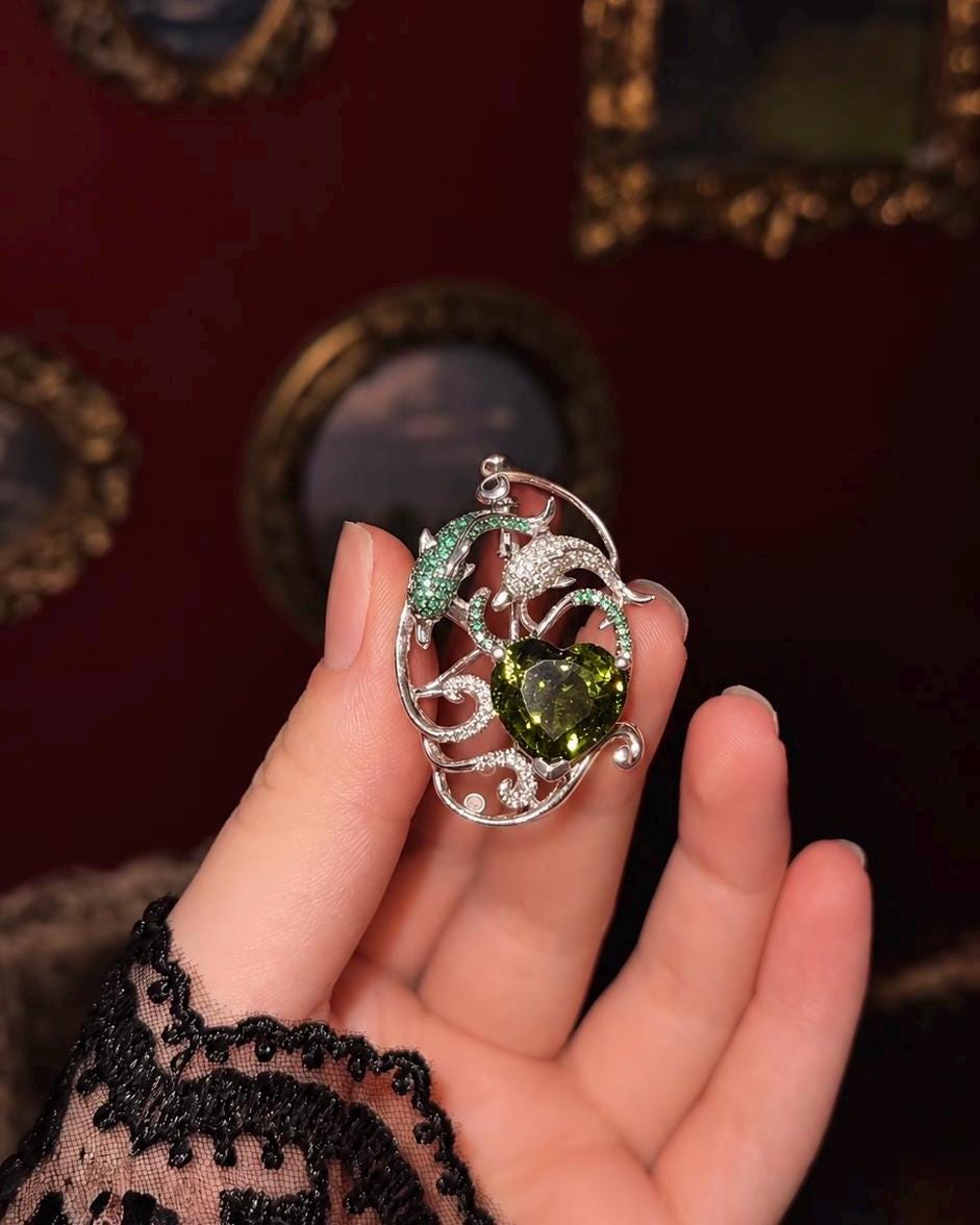 18K Solid White Gold Olive Green Tourmaline Brooch Pendant, Tsavorite Diamond Convertible Fine Jewelry, One of a Kind