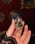 18K Solid White Gold Olive Green Tourmaline Brooch Pendant, Tsavorite Diamond Convertible Fine Jewelry, One of a Kind