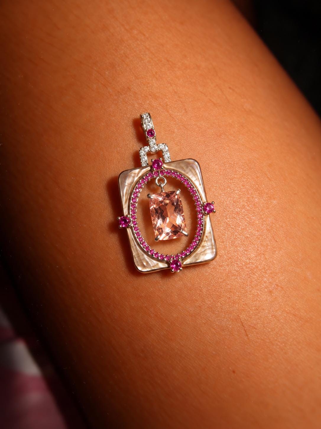 One of a Kind 4ct Natural Morganite Necklace, Pink Beryl, Ruby & Mother of Pearl Art Deco Pendant, Cor-de-Rosa Statement Jewelry