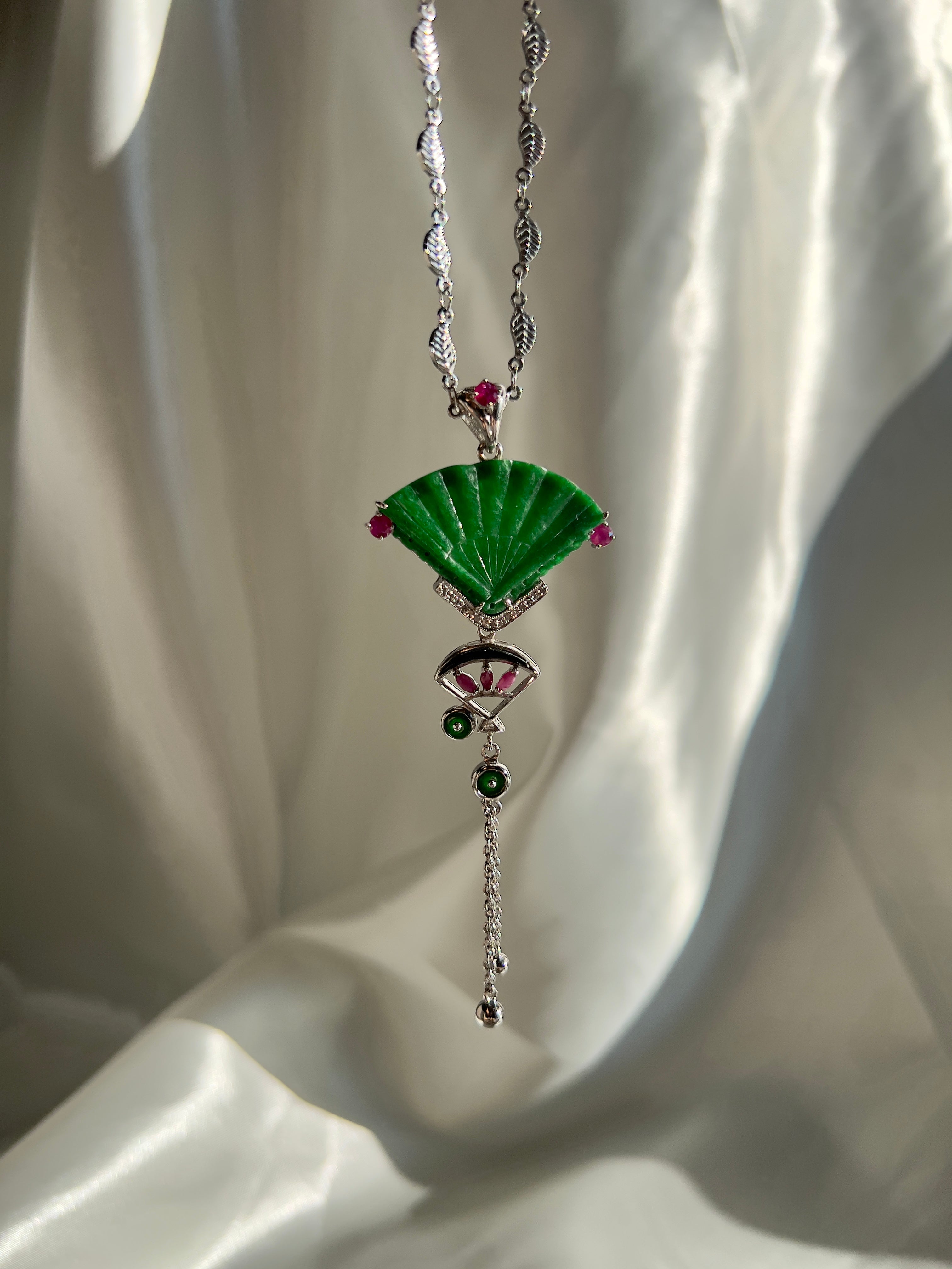 Jadeite Jade Oriental Fan Pendant Necklace
