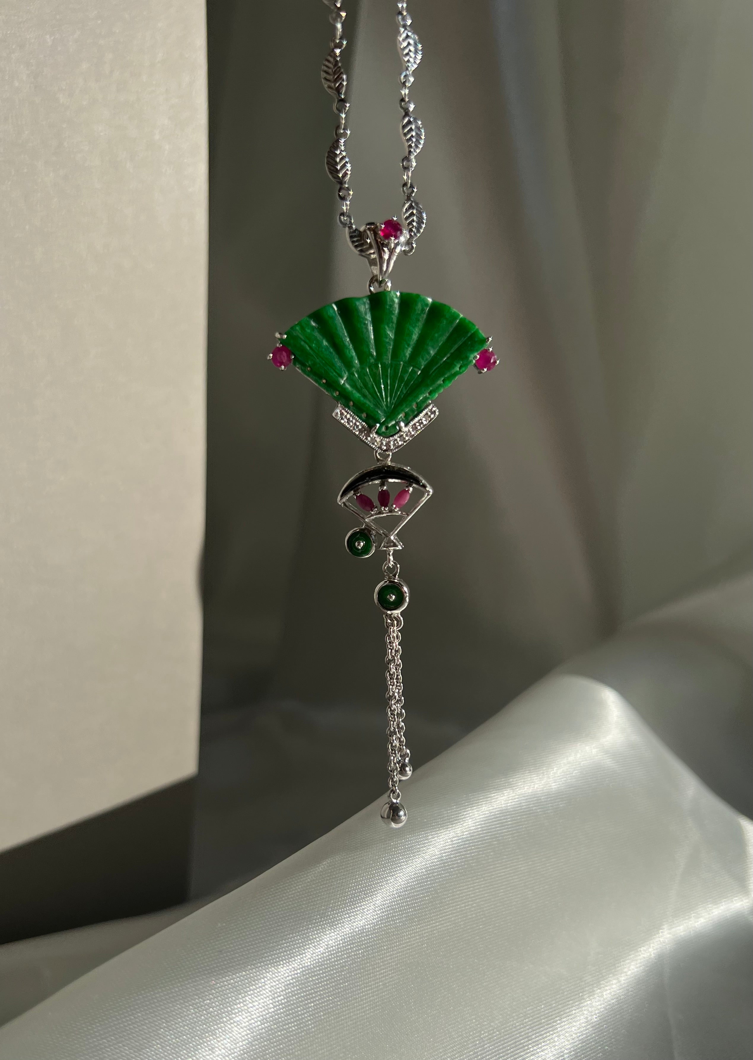 Jadeite Jade Oriental Fan Pendant Necklace