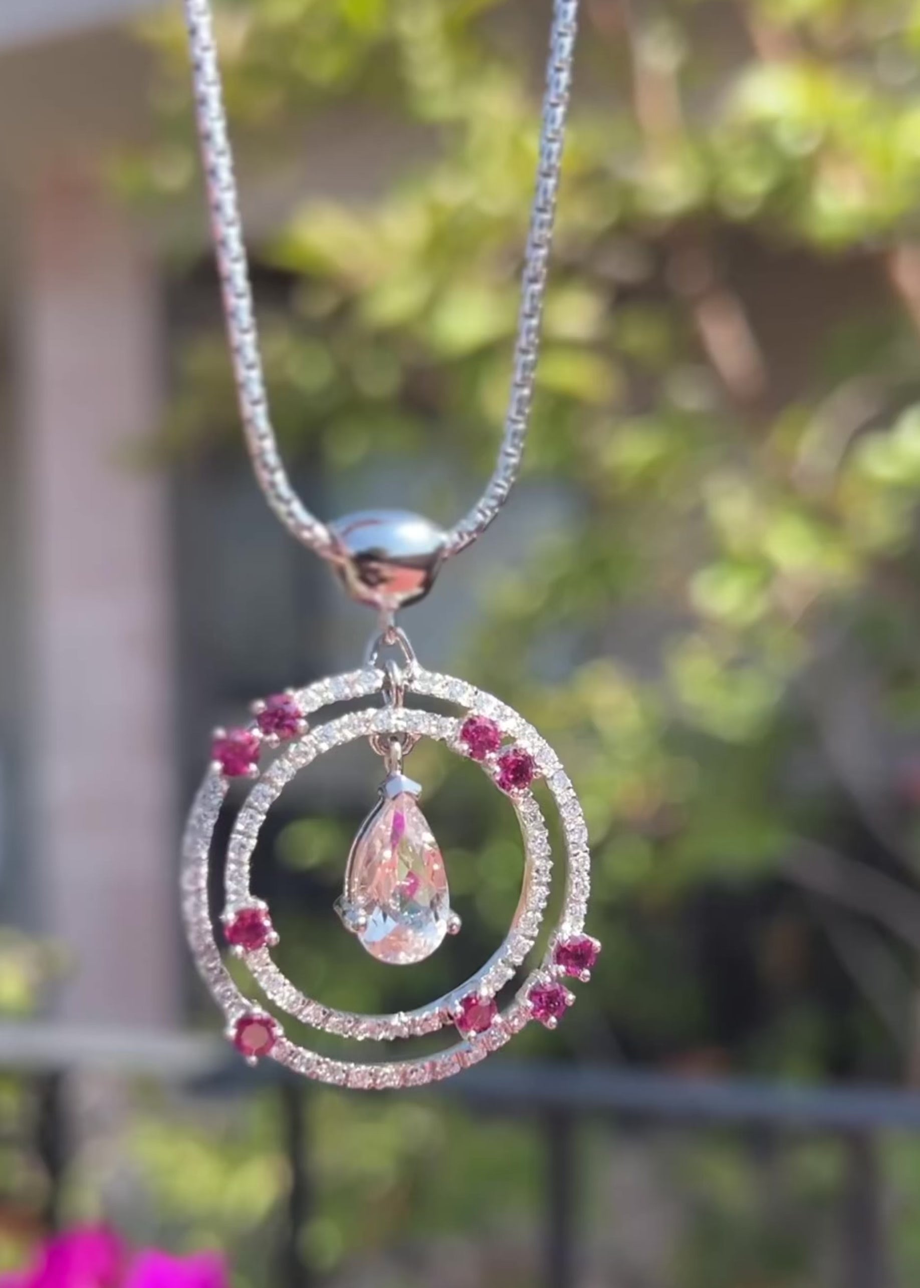 Natural Morganite and Rhodolite Garnet Pendant Necklace with Sapphires