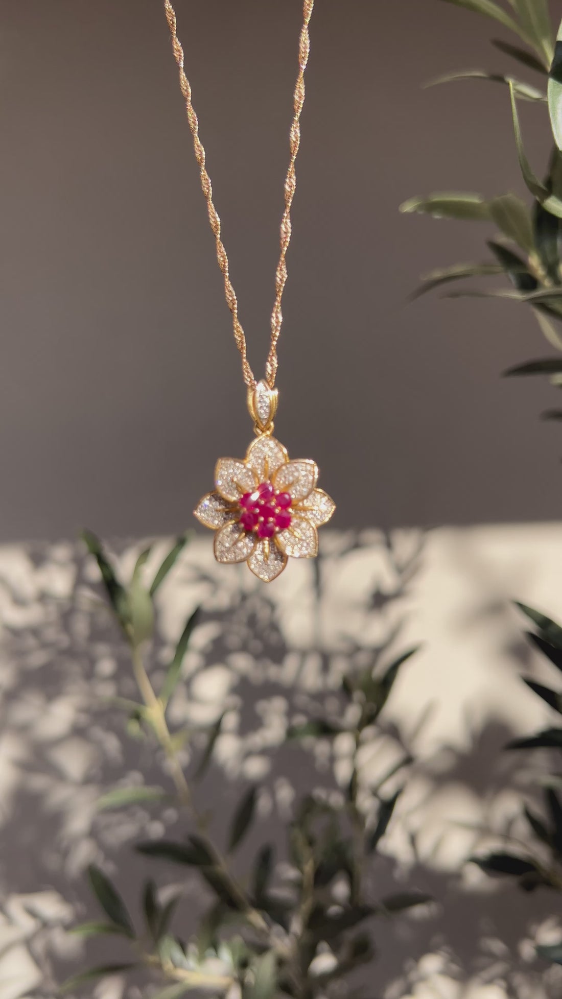 Camellia Ruby and Diamond Flower 18k Solid Gold Pendant