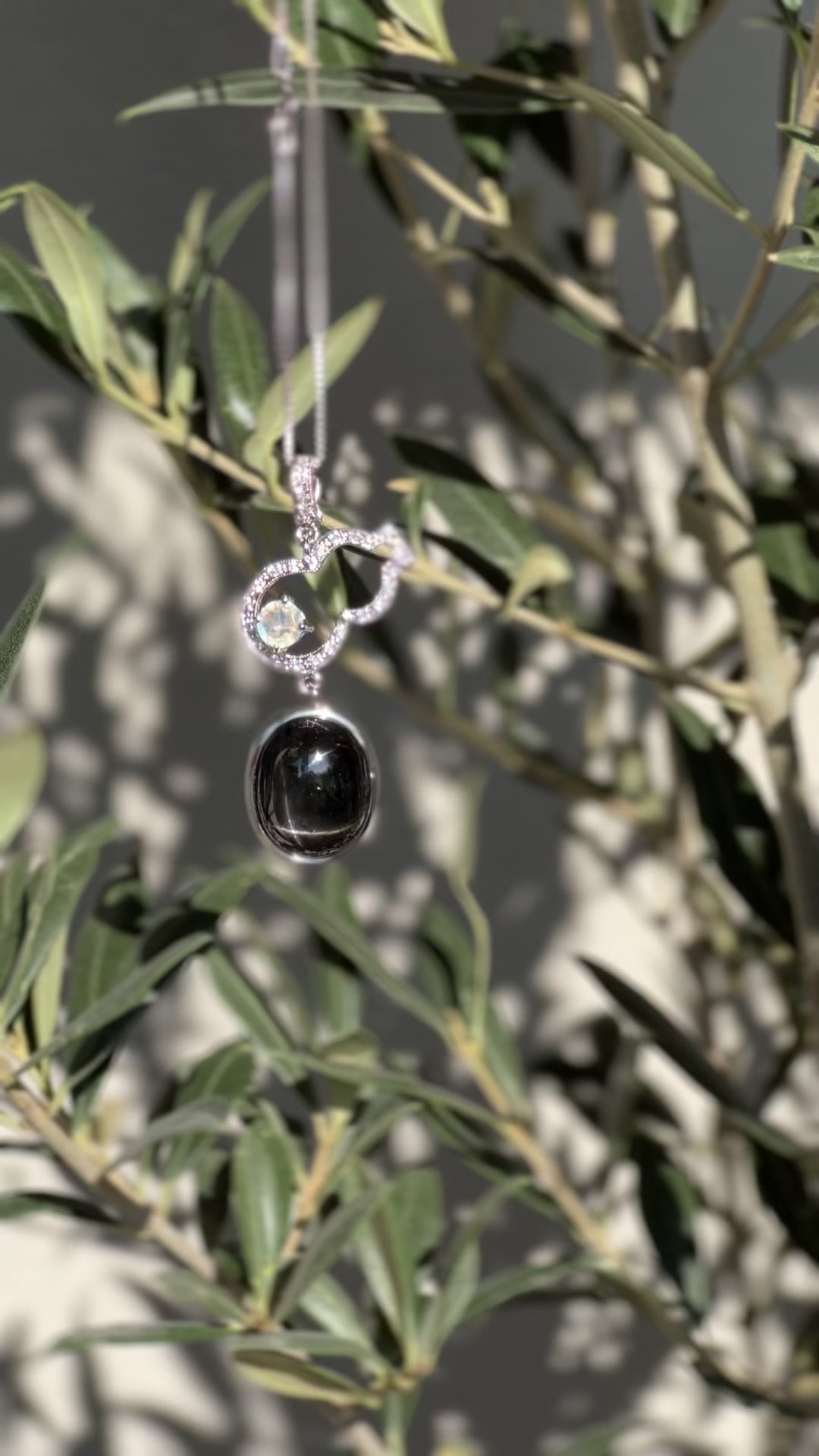 Olive Black Star Diopside Cabochon & Moonstone Calabash Pendant Necklace