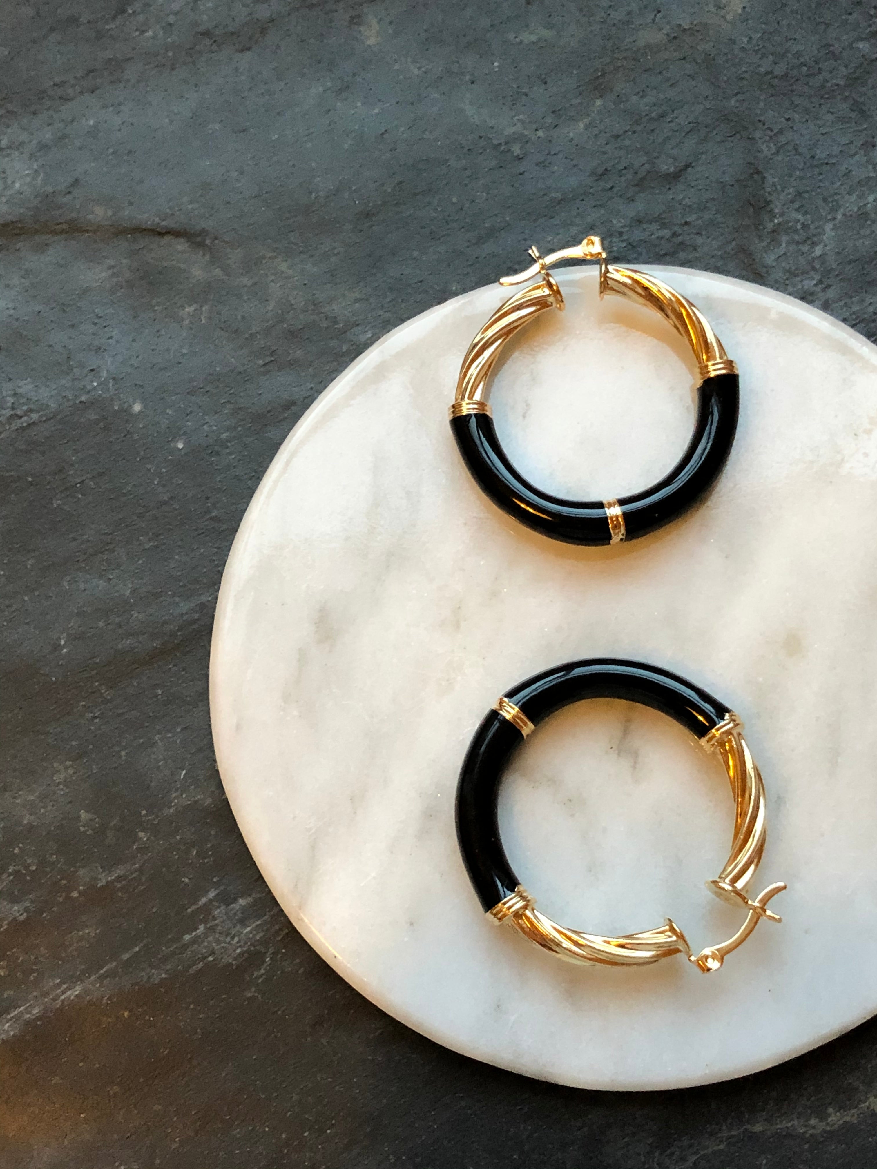 Half Black Enamel Gold Hoop Earrings