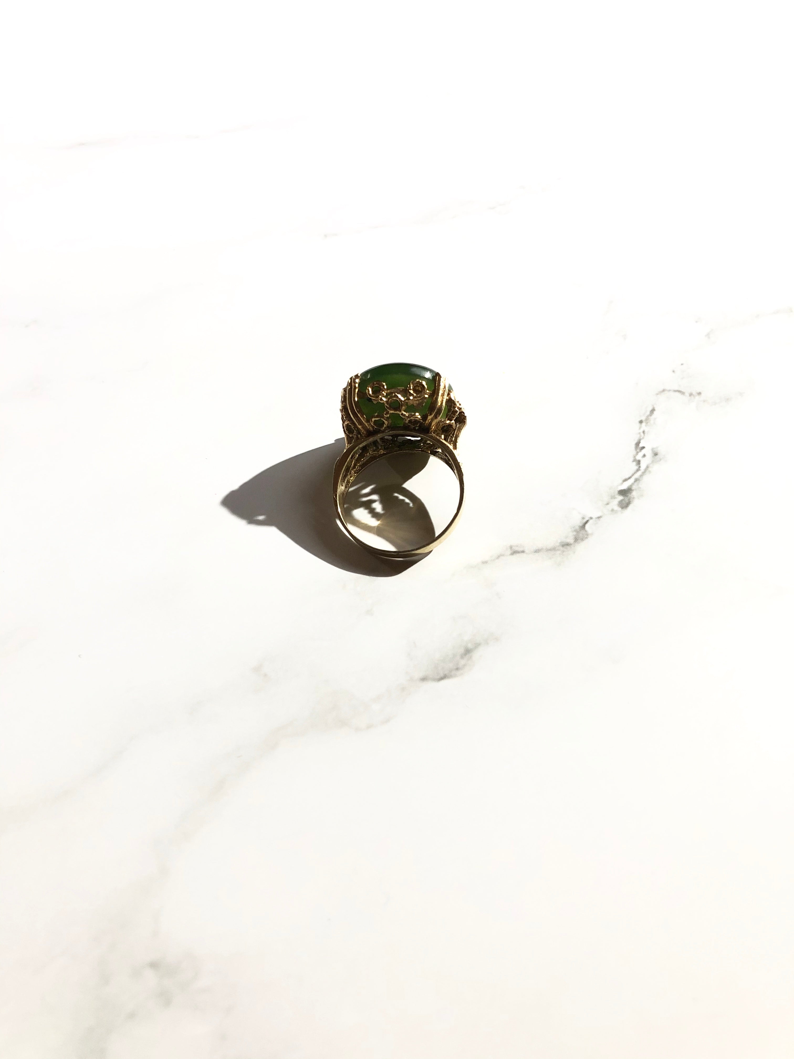 Round Green Cabochon Jade Gold Cocktail Ring