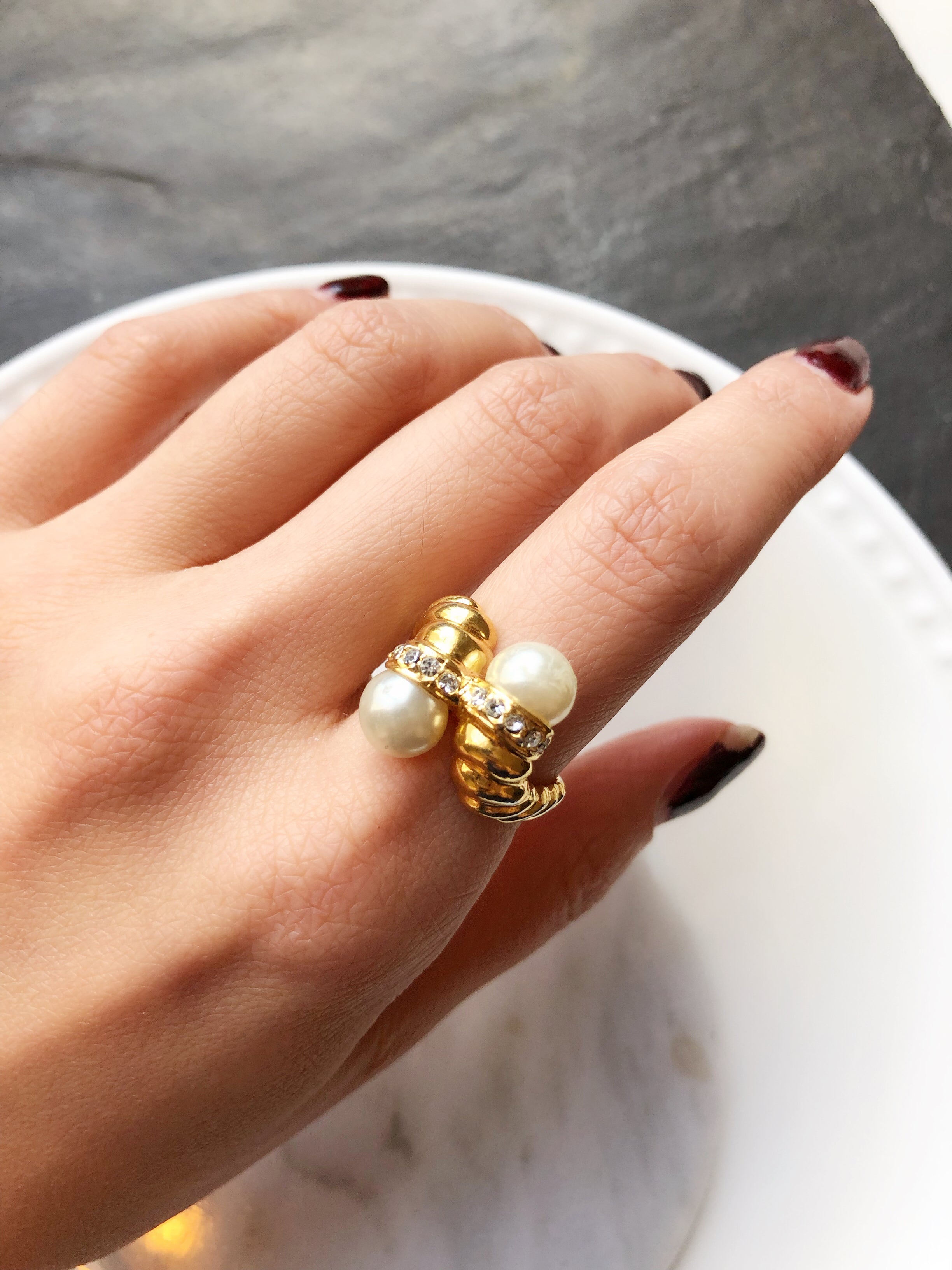 Victorian Twin Pearl Gold Cocktail Ring