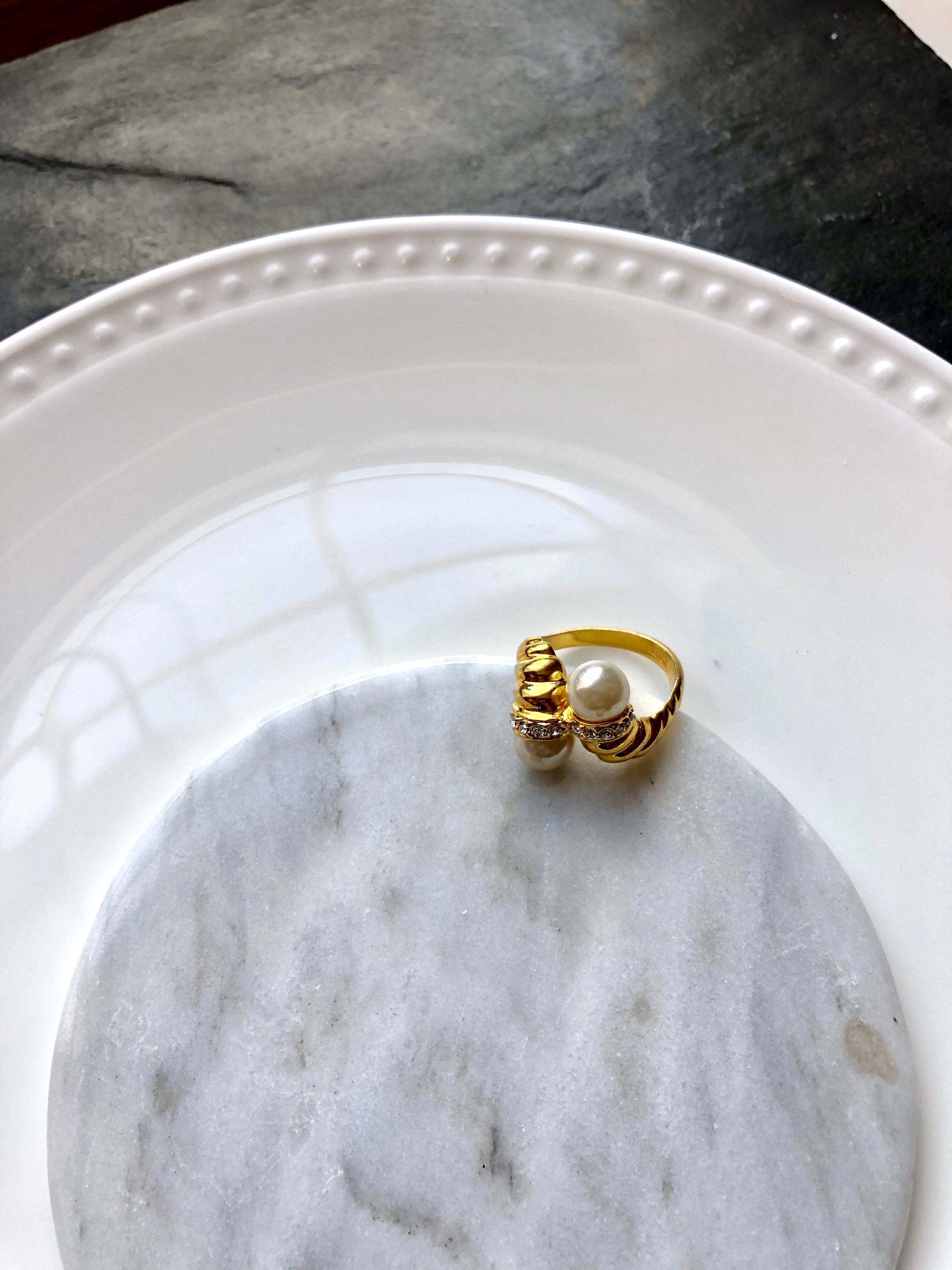 Victorian Twin Pearl Gold Cocktail Ring