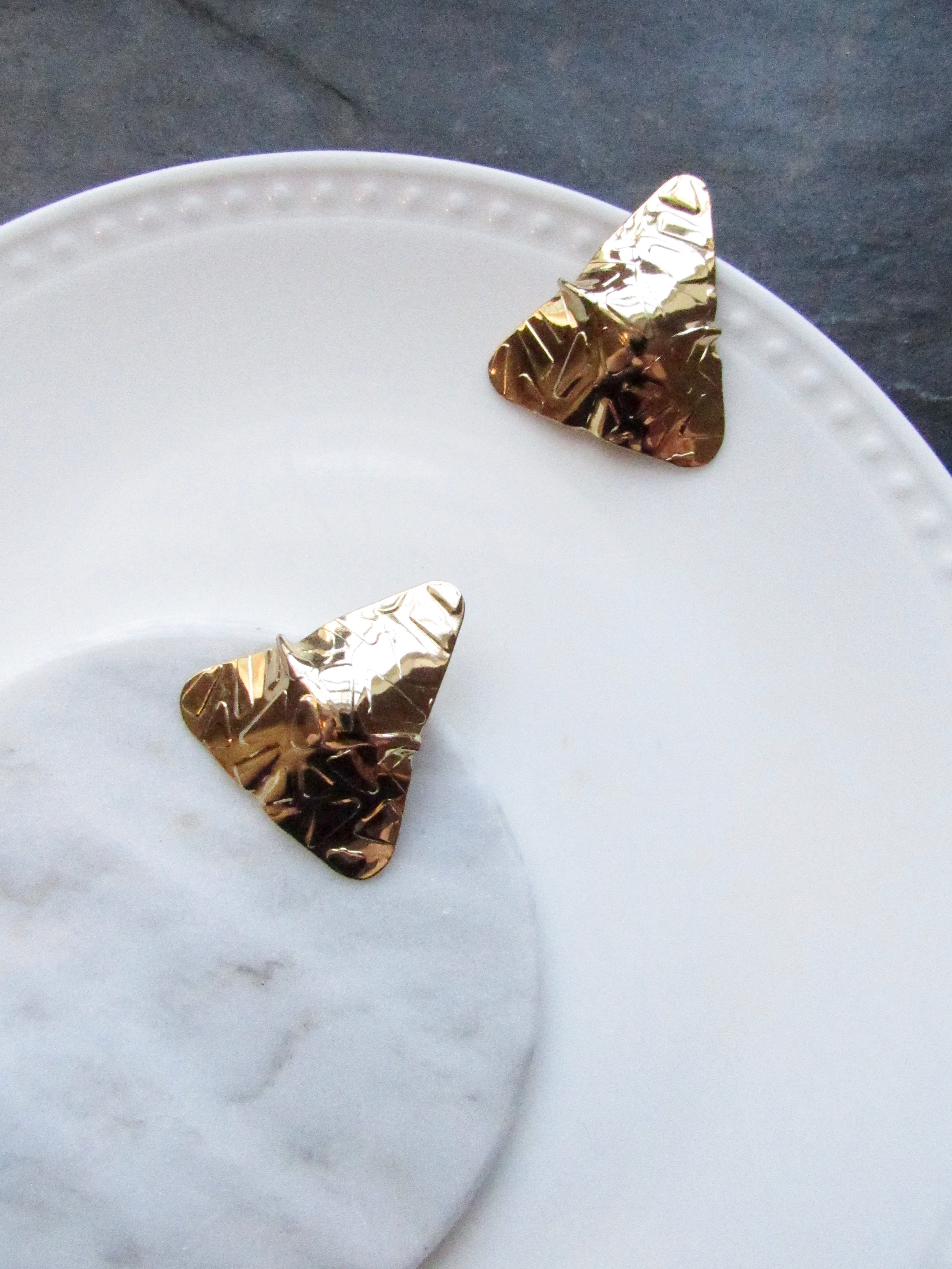 Vintage Textured Triangle Gold Statement Earrings