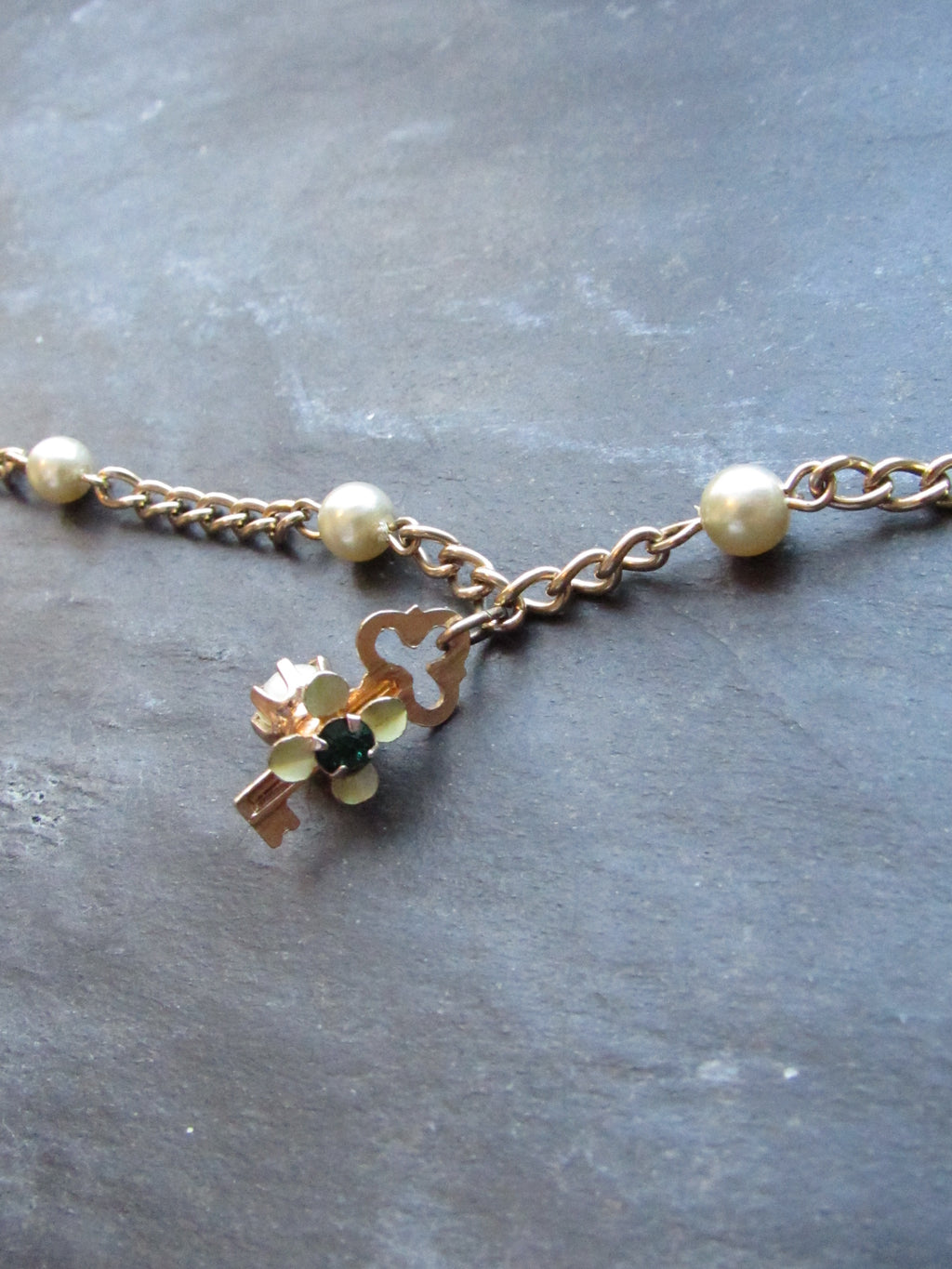 Victorian Key Pearl Bead Gold Anklet