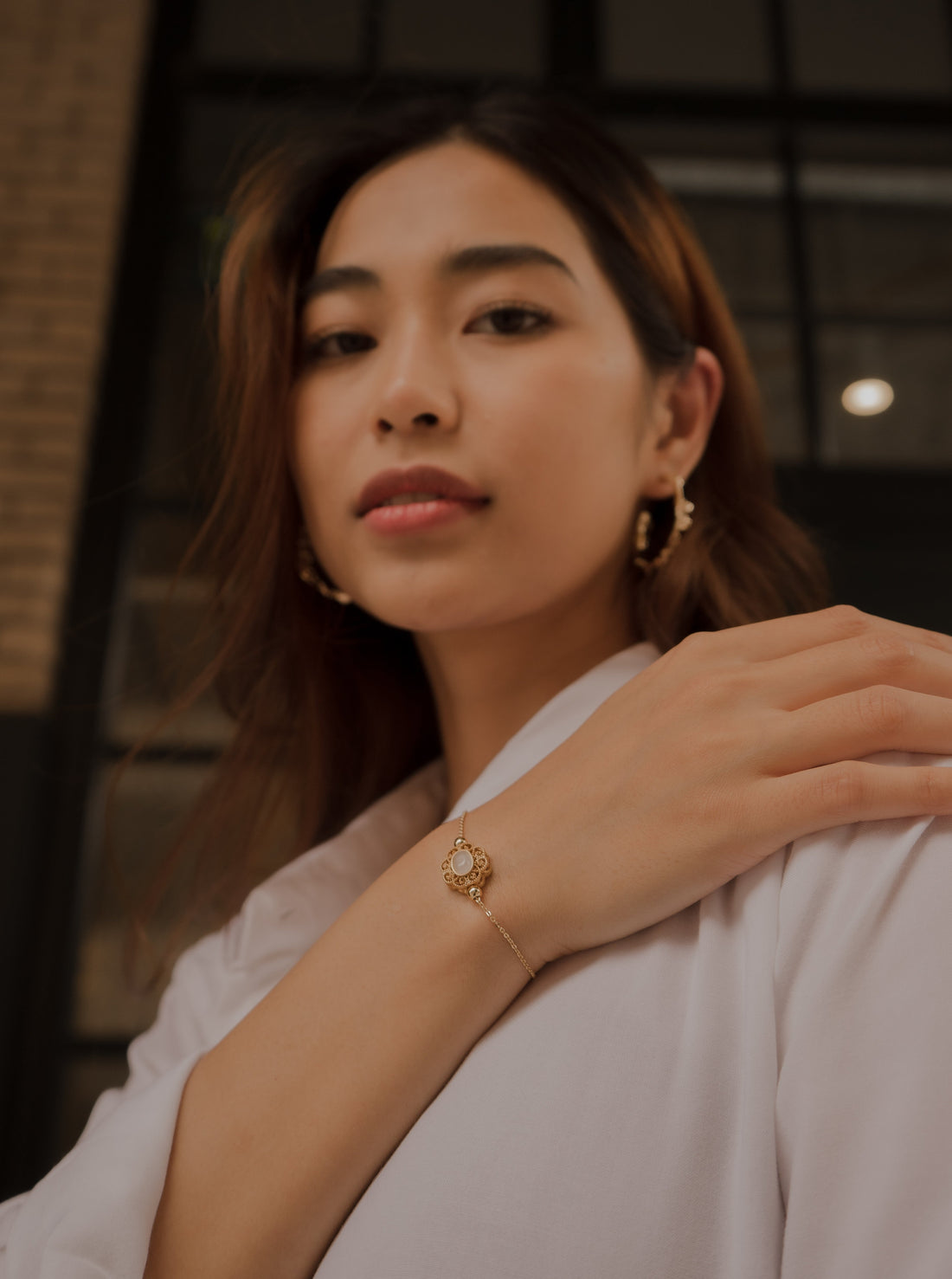 Oriental Floral Oval Jade Gold Bracelet