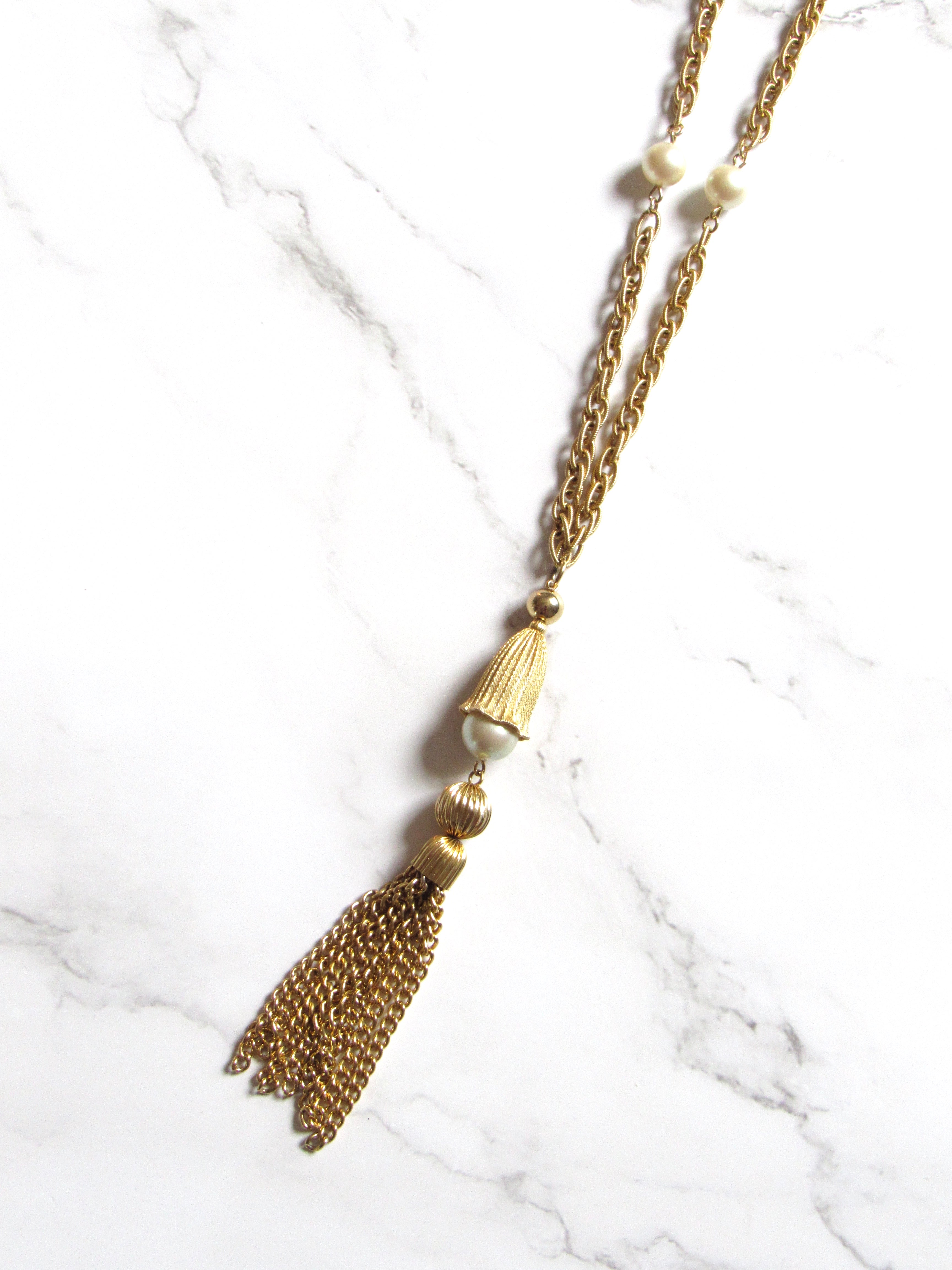 Vintage Pearl Gold Tassel Long Necklace