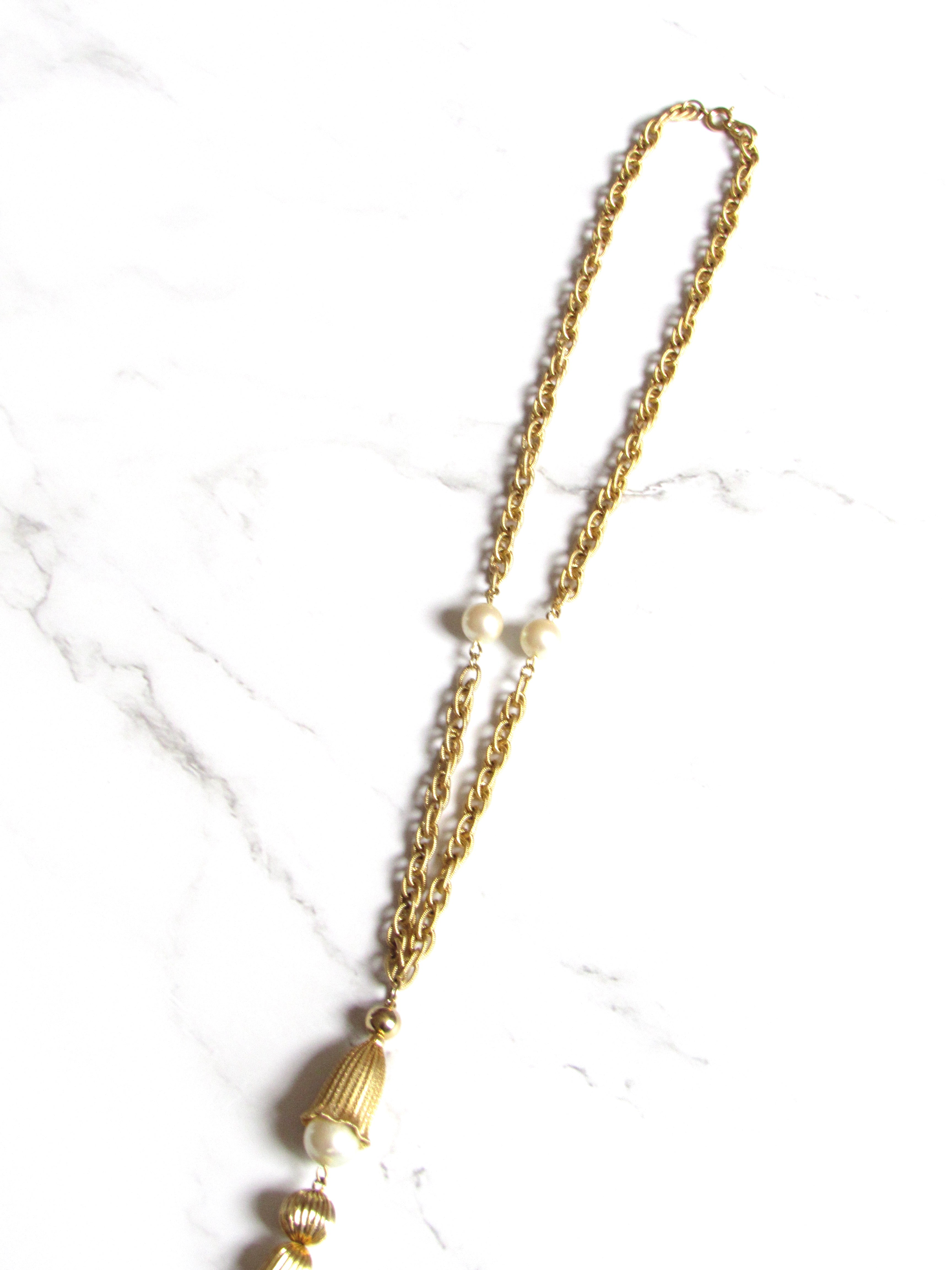 Vintage Pearl Gold Tassel Long Necklace