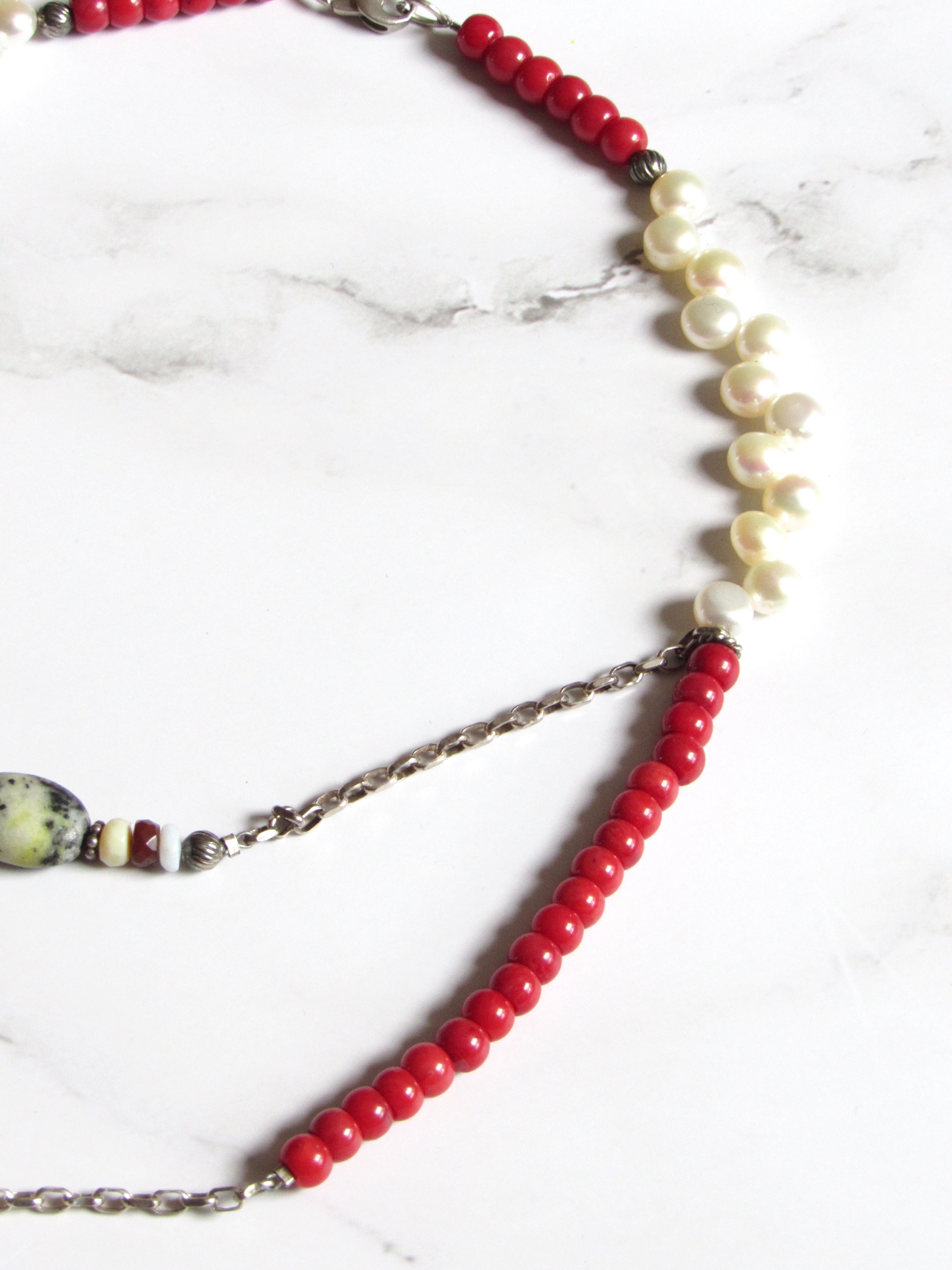 Vintage Natural Pearl Coral Beads Layer Necklace